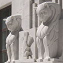 Image detailing sculpture of monumental lions on exterior of Moyer Judicial Center.