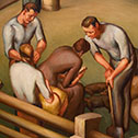 Image with detail from mural depicting early industry in Ohio in the North Hearing Room of the Moyer Judicial Center.